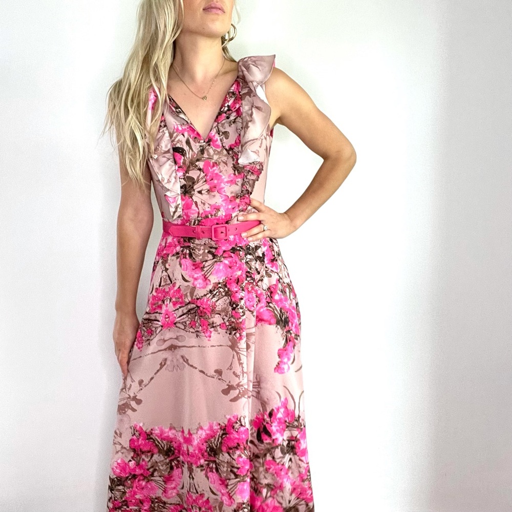Eva Franco Pink Floral Belted Midi Dress New w/Tag